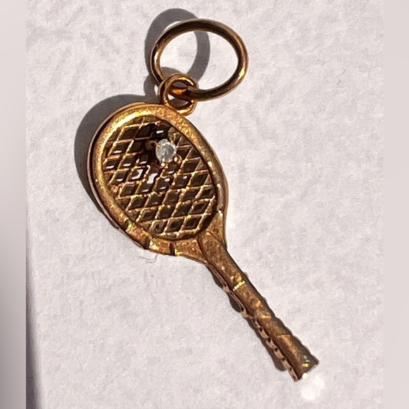 14k Jewelry - Vintage 14kt Two Tone Yellow Gold Diamond Tennis Racket Charm Pendant
